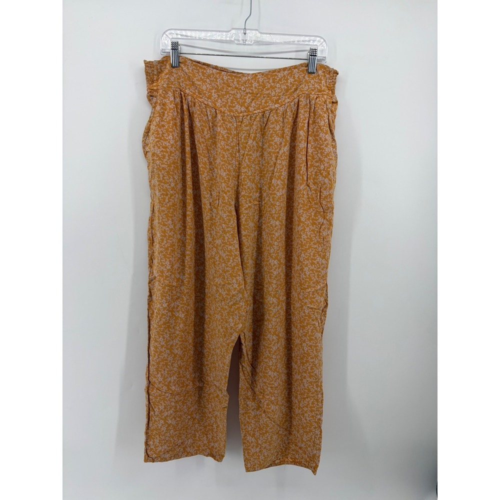 SO Womens XL Yellow Floral Wide Leg Smocked Back Rayon Pants Pockets